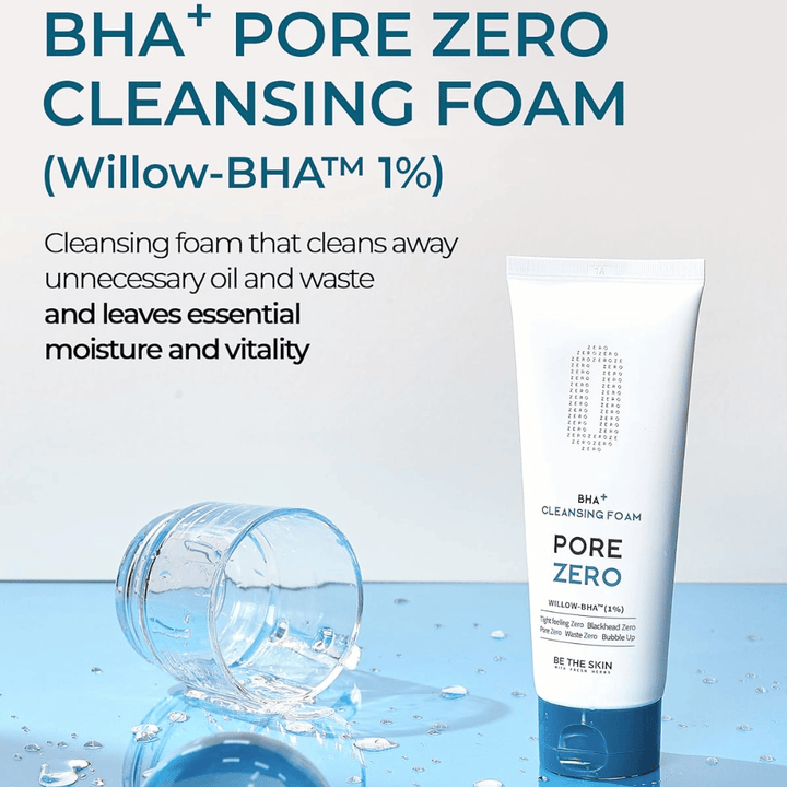 Campagnebeeld dat Willow-BHA™ (1%) en het vermogen van het product om overtollig talg en onzuiverheden te verwijderen benadrukt, terwijl de huid haar vocht en glans behoudt. Het blauwe kleurenpalet geeft een schone en verfrissende indruk.