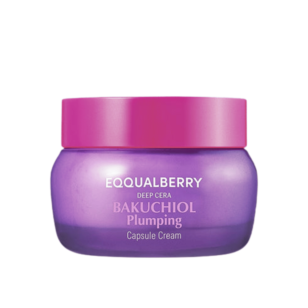 Productafbeelding van EQQUALBERRY Bakuchiol Plumping Capsule Cream in een paarse pot met roze deksel – intensieve hydratatie en anti-aging effect.