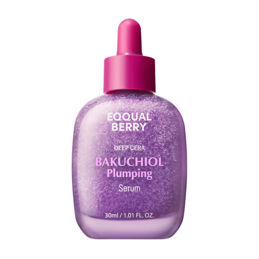 Equal Berry Bakuchiol Plumping Serum in een paars glinsterende fles met roze pipet. Hydraterend en verstevigend serum voor een stralende huid.