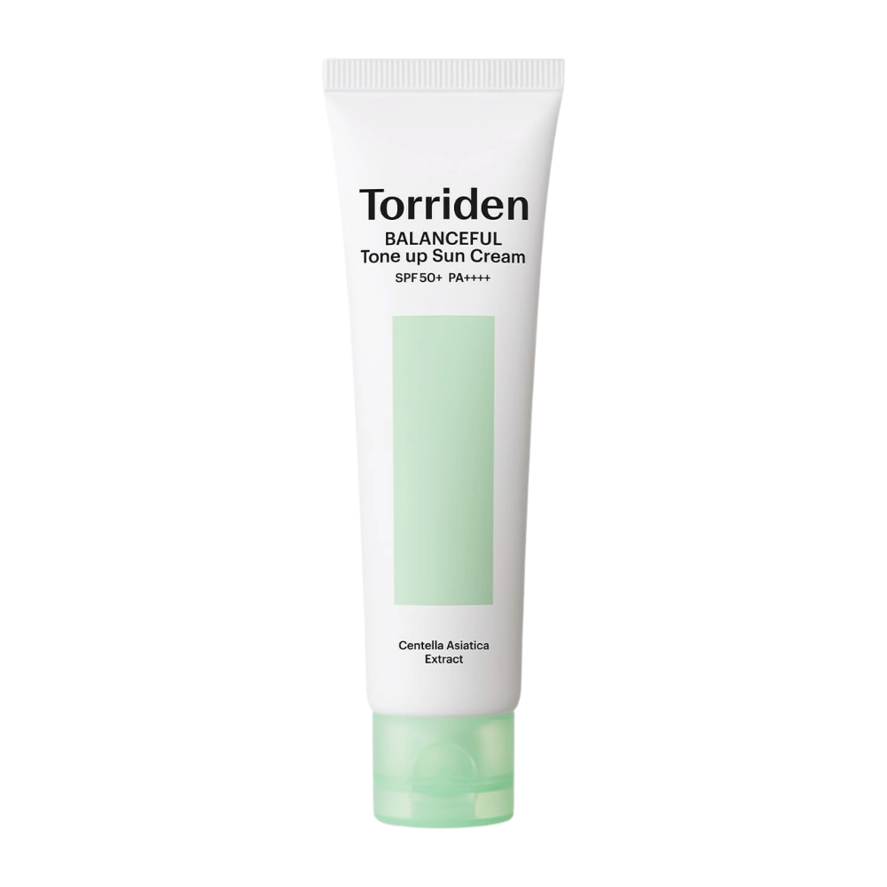 Torriden Balanceful Tone Up Sun Cream SPF50+ PA++++ productafbeelding op witte achtergrond met Centella Asiatica voor verzachtende verzorging en dagelijkse UV-bescherming.