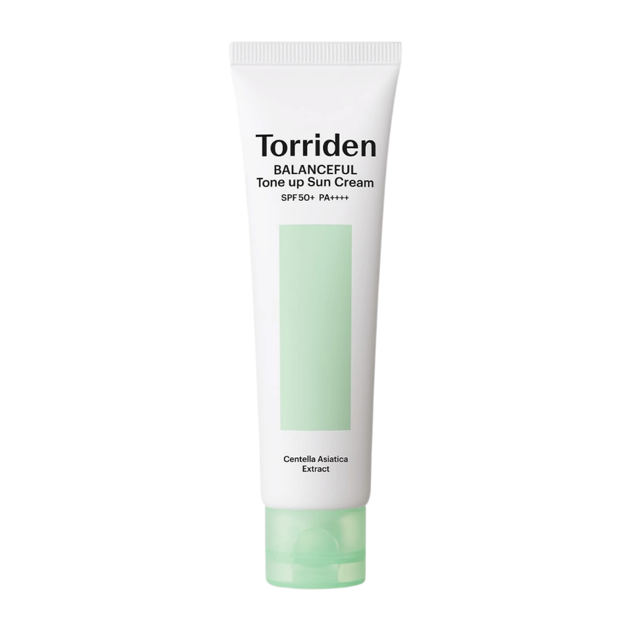 Torriden Balanceful Tone Up Sun Cream SPF50+ PA++++ productafbeelding op witte achtergrond met Centella Asiatica voor verzachtende verzorging en dagelijkse UV-bescherming.