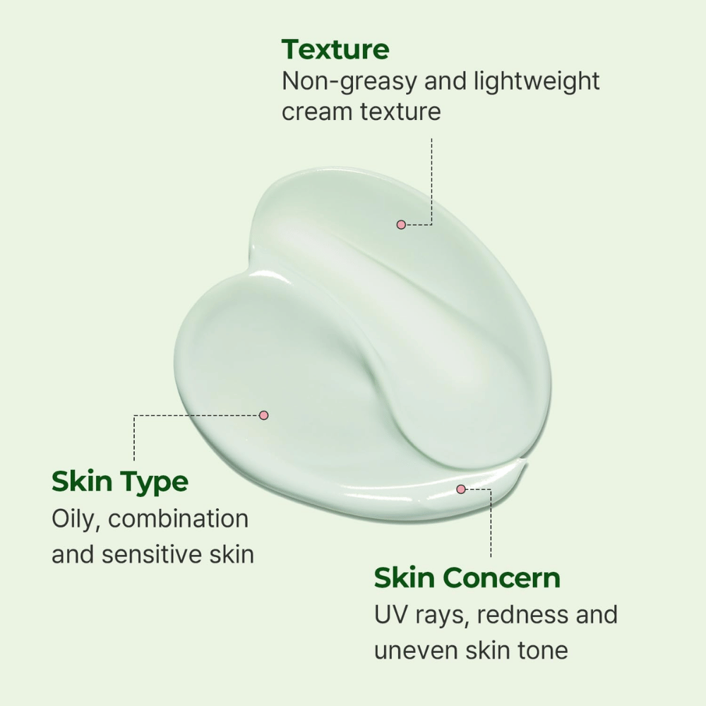 Close-up van de lichtgroene crèmetextuur van Torriden Balanceful Tone Up Sun Cream, die licht, hydraterend en afgestemd is op een vette, gecombineerde en gevoelige huid.
