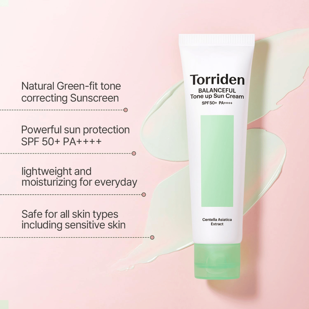 Torriden Balanceful Tone Up Sun Cream SPF50+ PA++++ met groene kleurcorrigerende tone-up-effect dat helpt roodheid te egaliseren en een natuurlijke glow te geven.
