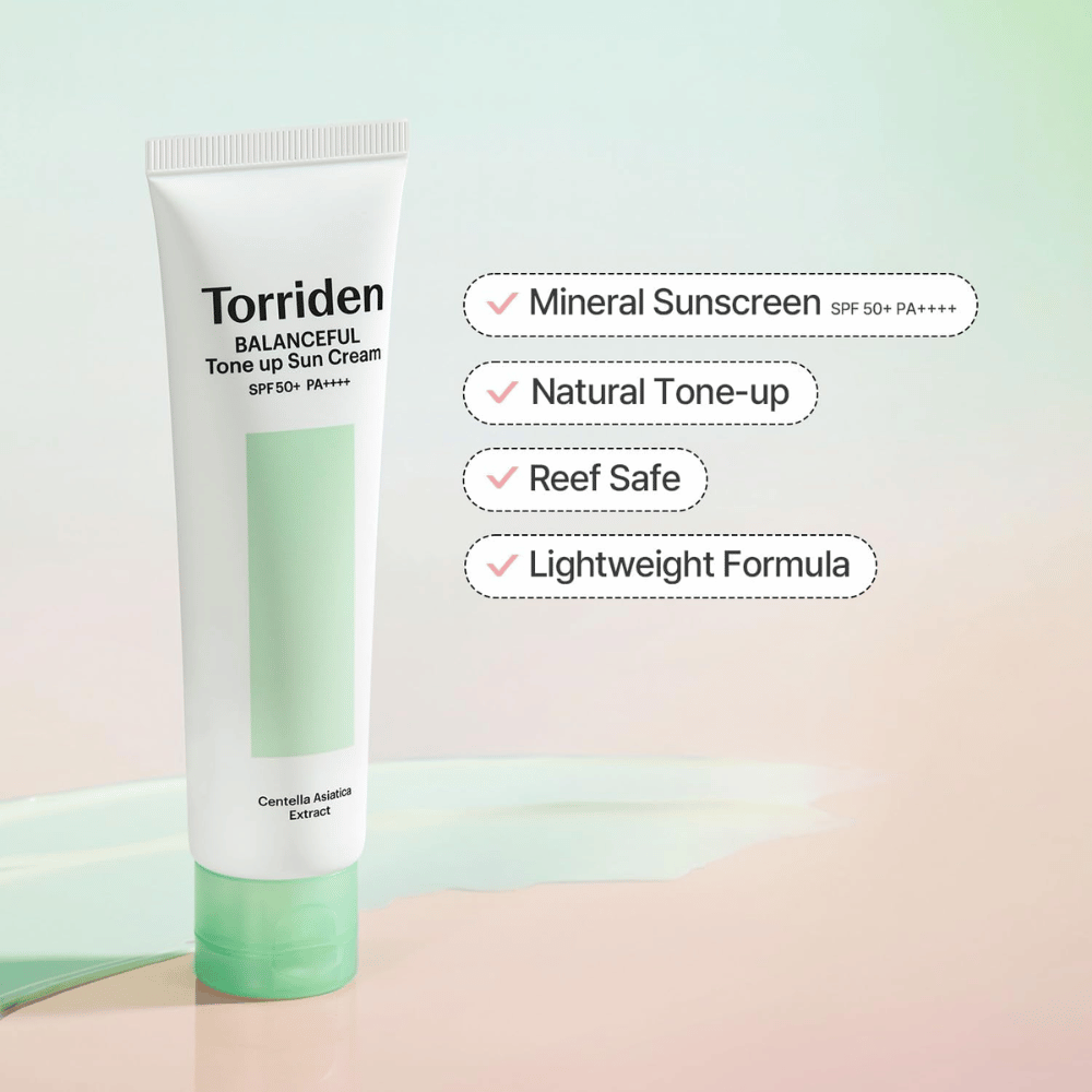 Torriden Balanceful Tone Up Sun Cream SPF50+ PA++++ gepresenteerd met focus op minerale zonbescherming, natuurlijk tone-up-effect, reef safe-formule en lichte textuur.