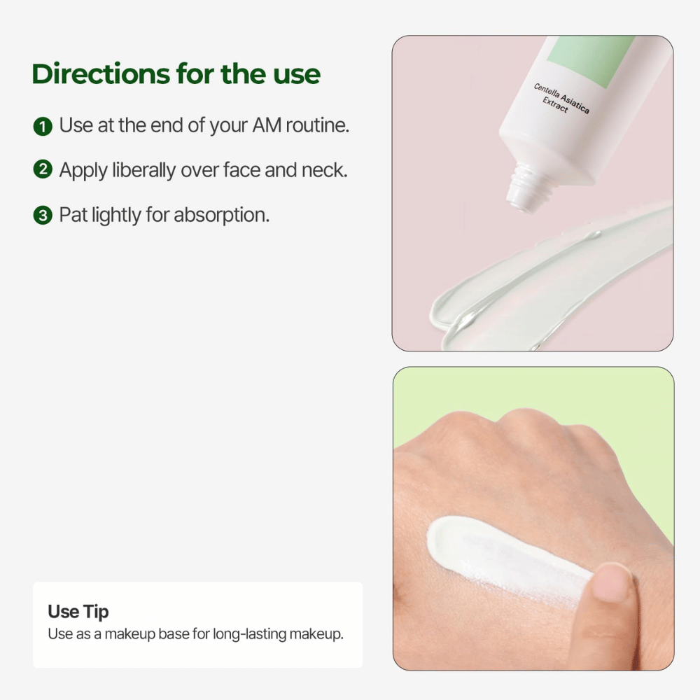 Torriden Balanceful Tone Up Sun Cream SPF50+ PA++++ met Centella Asiatica wordt getoond samen met applicatietips en de lichte, egaliserende consistentie van de crème op de huid.