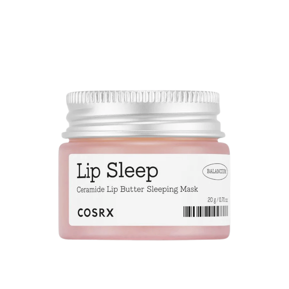 COSRX Lip Sleep Ceramide Lip Butter Sleeping Mask in een roze potje met zilverkleurige deksel. Een geurloze, voedende nachtmasker voor zachte, gehydrateerde lippen.