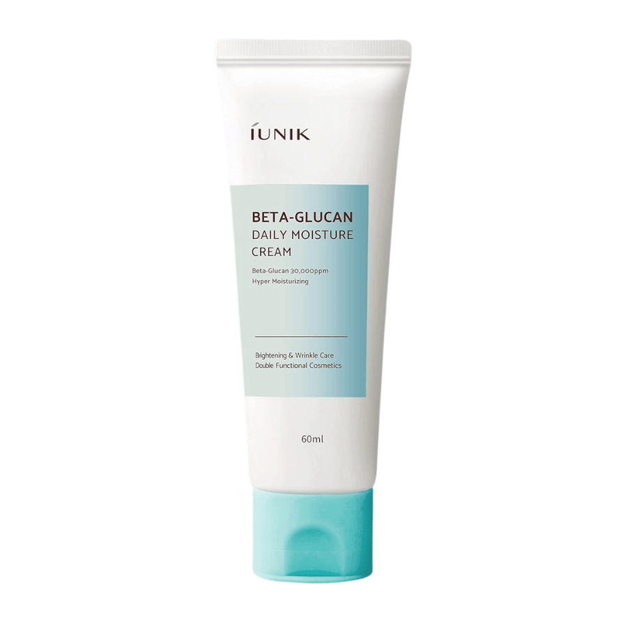 Vrijstaande productafbeelding van iUNIK Beta-Glucan Daily Moisture Cream 60 ml. Het ontwerp van de tube en de productnaam worden duidelijk getoond tegen een neutrale achtergrond, wat zorgt voor een nette en professionele productpresentatie.