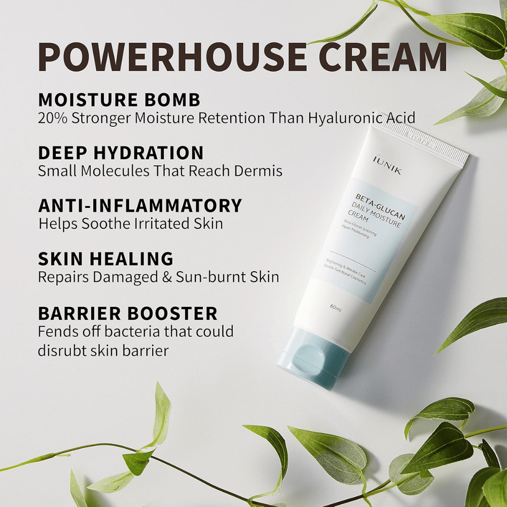 Productafbeelding met focus op de belangrijkste voordelen van iUNIK Beta-Glucan Daily Moisture Cream. De afbeelding benadrukt intensieve hydratatie, diepwerkend vocht, kalmerende eigenschappen, ondersteuning van de huidbarrière en verzorging van een droge of geïrriteerde huid.