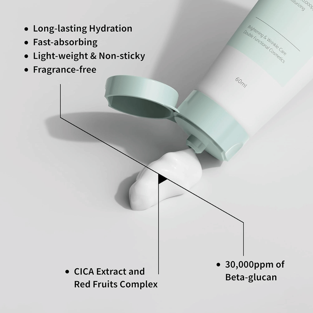 Close-up van iUNIK Beta-Glucan Daily Moisture Cream waarbij de crème uit de tube wordt gedrukt. De afbeelding benadrukt de lichte textuur van het product en belangrijke eigenschappen zoals langdurige hydratatie, snelle absorptie, een niet-plakkerig gevoel, parfumvrije formule, bèta-glucaan en kalmerende ingrediënten zoals CICA-extract.