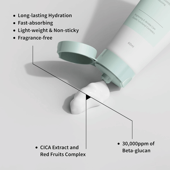 Close-up van iUNIK Beta-Glucan Daily Moisture Cream waarbij de crème uit de tube wordt gedrukt. De afbeelding benadrukt de lichte textuur van het product en belangrijke eigenschappen zoals langdurige hydratatie, snelle absorptie, een niet-plakkerig gevoel, parfumvrije formule, bèta-glucaan en kalmerende ingrediënten zoals CICA-extract.