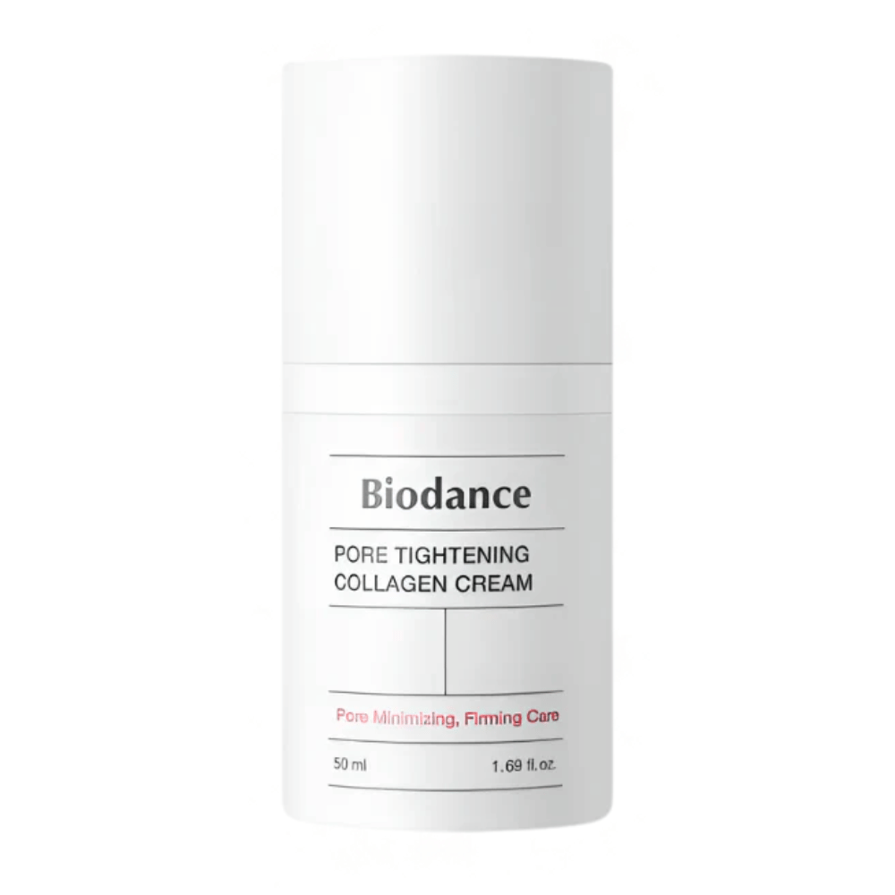 Biodance Pore Tightening Collagen Cream in eenvoudige witte verpakking met minimalistisch ontwerp, 50 ml.