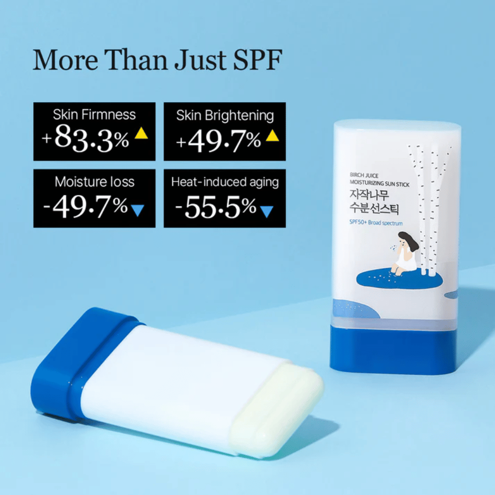 ROUND LAB Birch Juice Sun Stick met SPF50+ wordt getoond met resultaten van verbeterde huidelasticiteit en verminderd vochtverlies