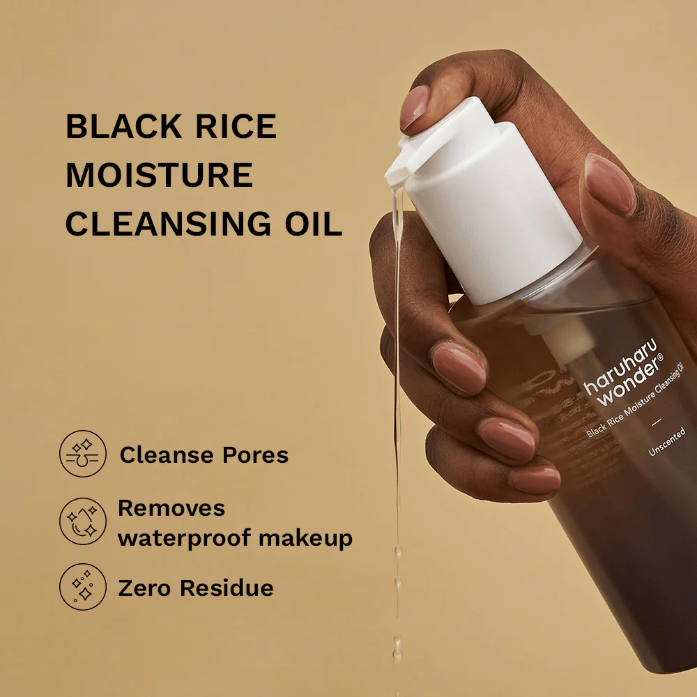 Haruharu Wonder Black Rice Moisture Cleansing Oil pompt reinigingsolie uit – effectief tegen waterproof make-up, reinigt poriën en laat geen resten achter.