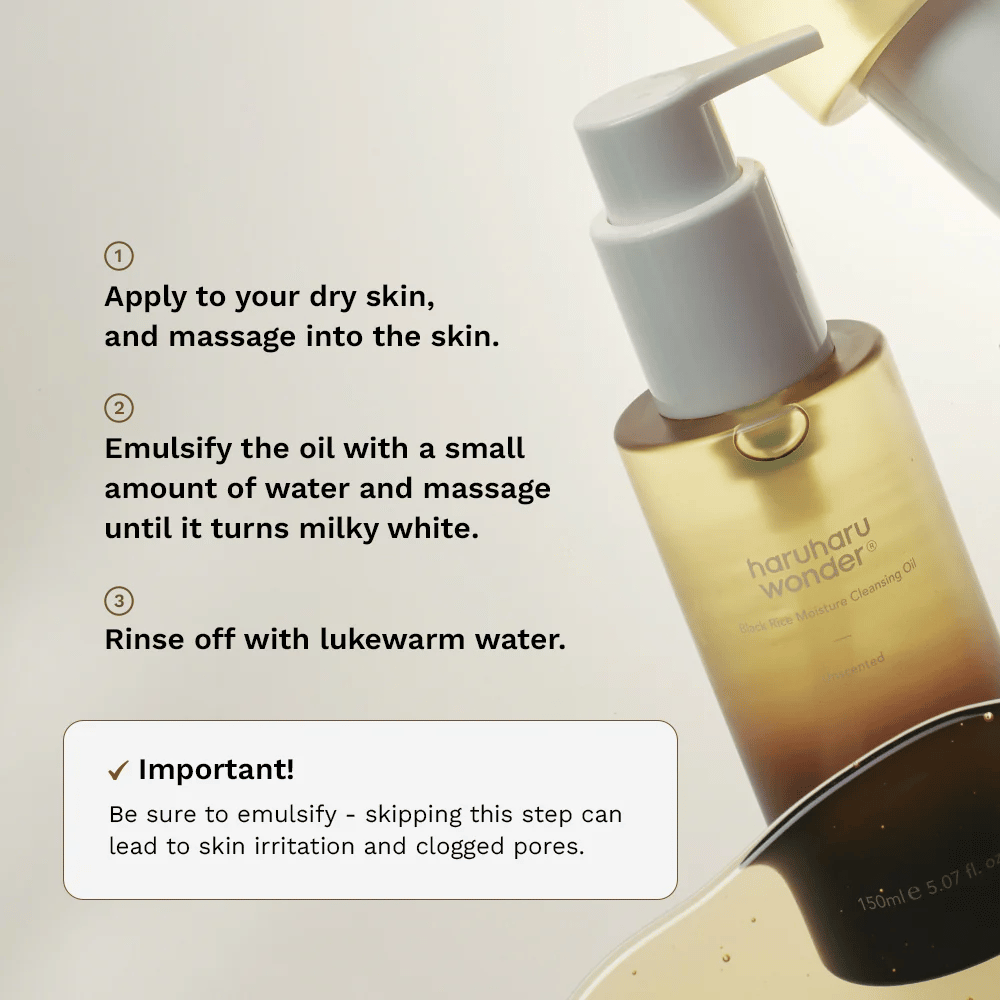 Haruharu Wonder Black Rice Moisture Cleansing Oil applicatiegids – olie reiniging die op droge huid wordt gemasseerd, geëmulgeerd met water en afgespoeld voor effectieve make-up verwijdering.
