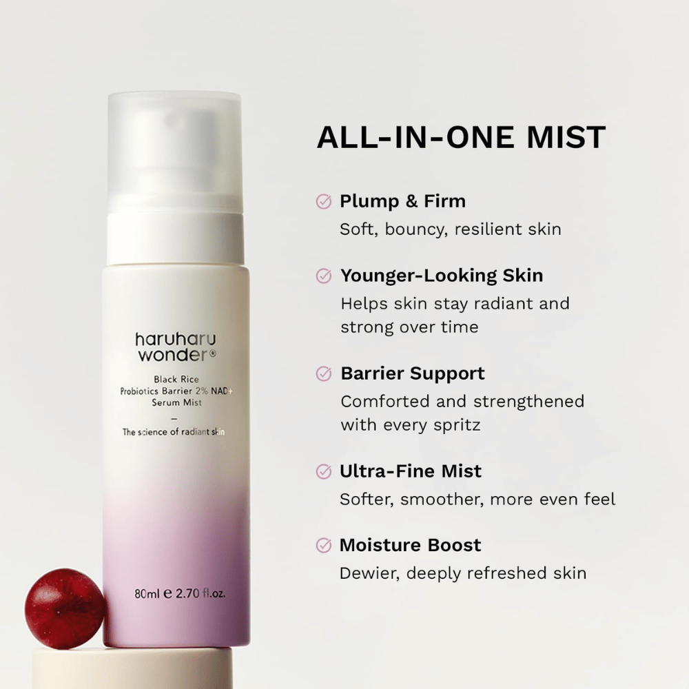 Haruharu Wonder Black Rice Probiotics Barrier 2% NAD+ Serum Mist – hydrateert, versterkt de huidbarrière en geeft glans