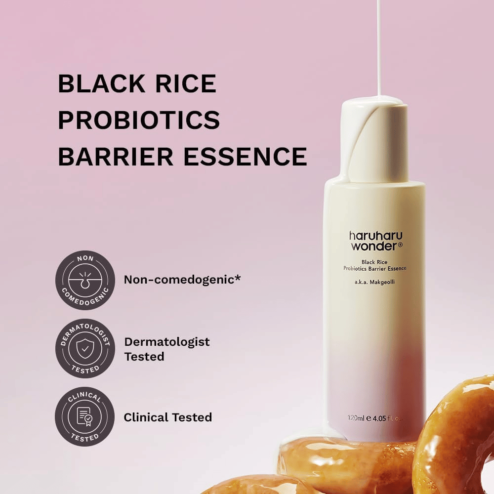 Essence met probiotica en zwarte rijst die de gevoelige huid kalmeert en de huidtextuur en teint verbetert