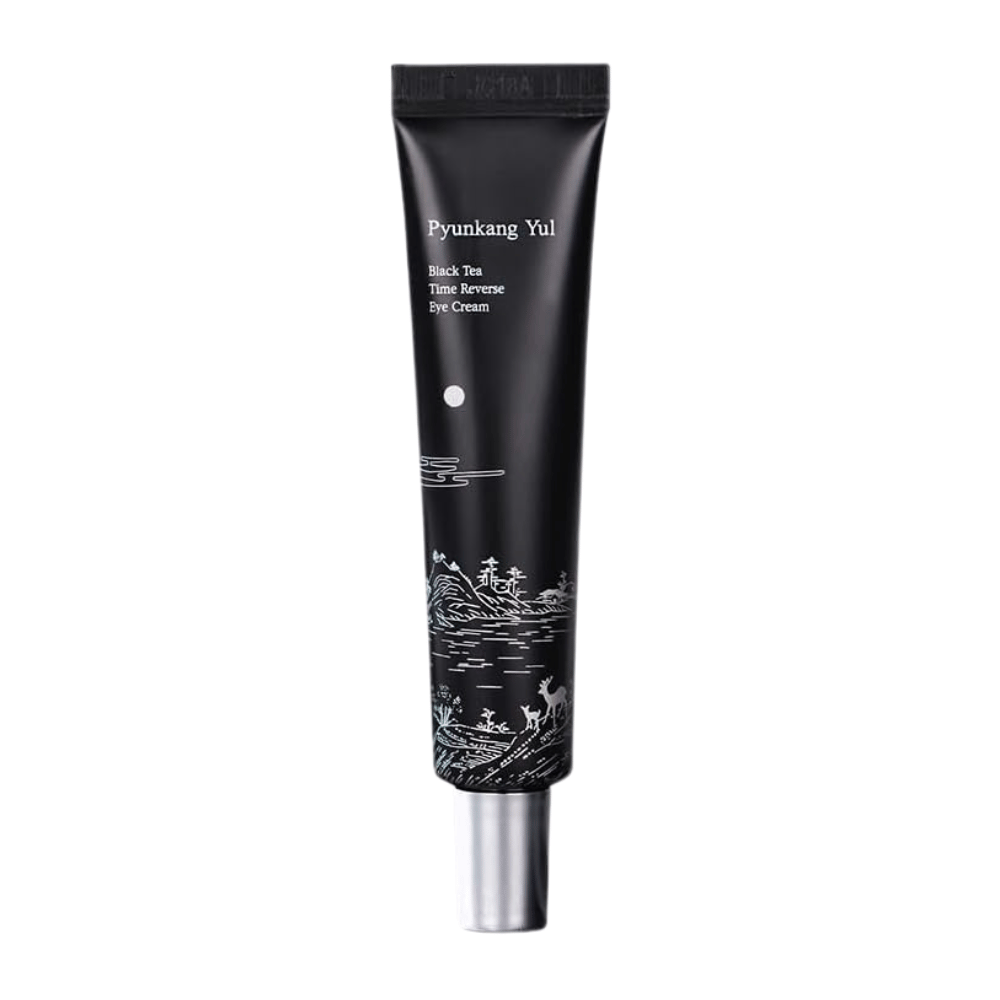 Pyunkang Yul Black Tea Time Reverse Eye Cream 25 ml in zwarte tube met gefermenteerde zwarte thee, peptiden en hydraterende ingrediënten voor de huid rond de ogen.