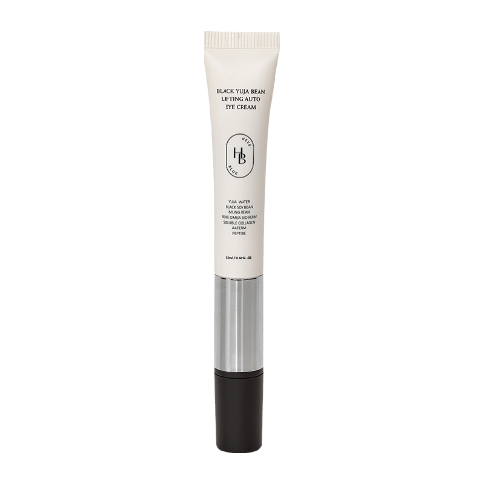 Productafbeelding van HEVE BLUE Black Yuja Bean Lifting Auto Eye Cream – een tube met witte bovenkant, zilveren midden en zwarte applicator. Tekst op de verpakking vermeldt ingrediënten zoals yuja water en zwarte sojaboon.