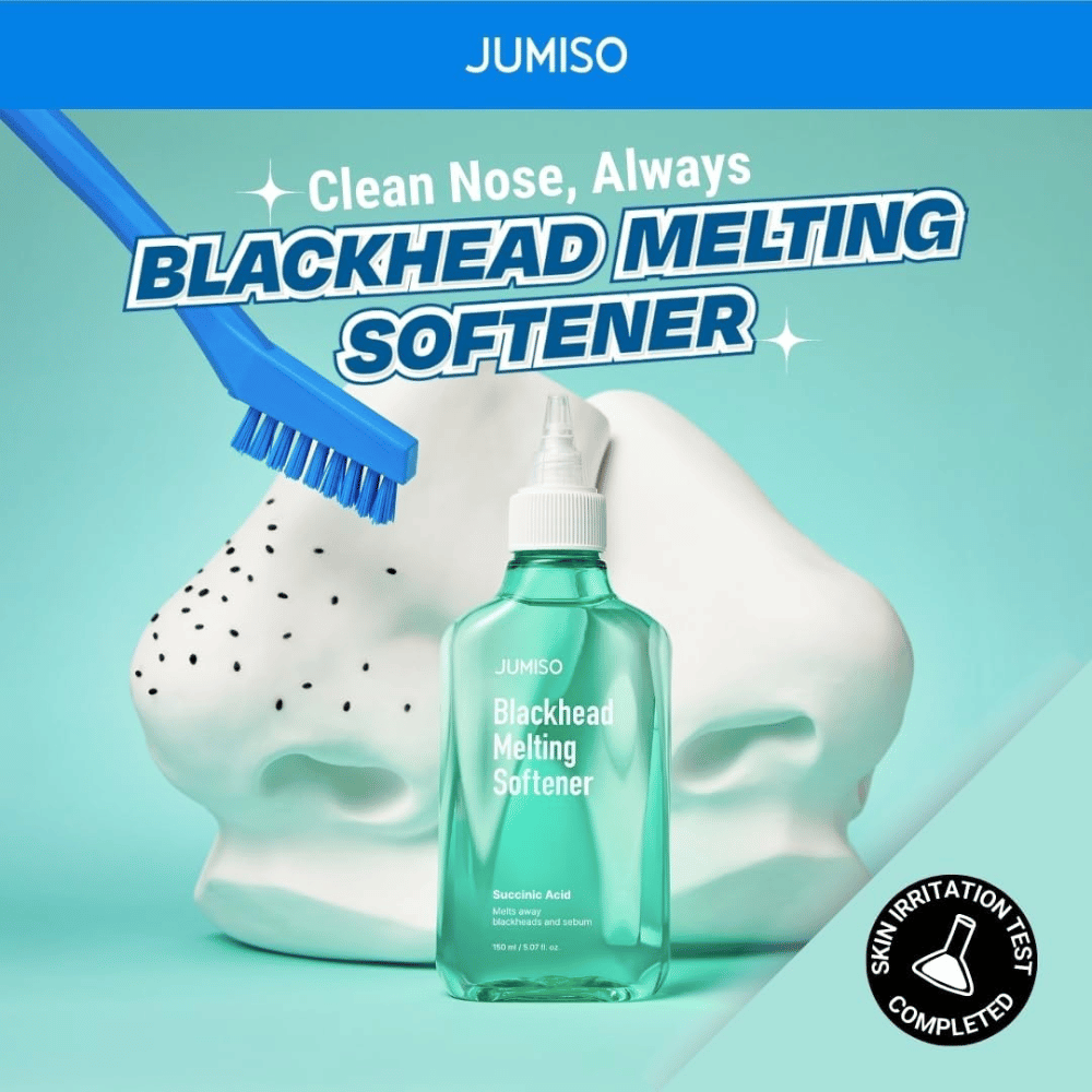 JUMISO Blackhead Melting Softener met borstel tegen witte modelneus. Tekst: 'Clean Nose, Always'. Klinisch getest op huidirritatie.