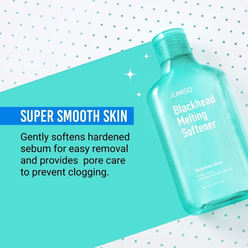 JUMISO Blackhead Melting Softener wordt getoond op een turquoise achtergrond. Tekst benadrukt dat het product talg verzacht en verstopte poriën voorkomt.