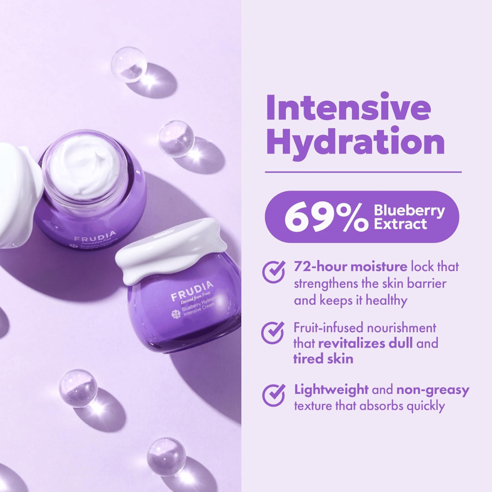 FRUDIA Blueberry Hydrating Intensive Cream met intensieve hydratatie, 69% bosbessenextract en romige textuur voor droge en vochtarme huid