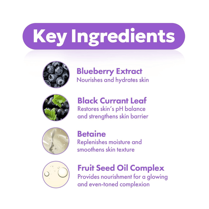 Belangrijkste ingrediënten in FRUDIA Blueberry Hydrating Intensive Cream met bosbessenextract, zwarte bessenblad, betaine en fruitzaadoliecomplex