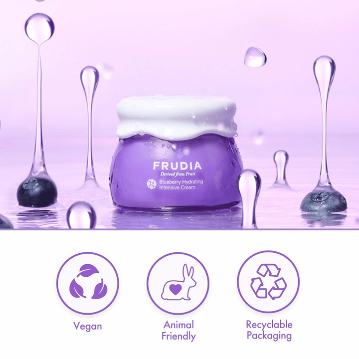 FRUDIA Blueberry Hydrating Intensive Cream in wateromgeving met veganistische formule, cruelty-free eigenschappen en recyclebare verpakking