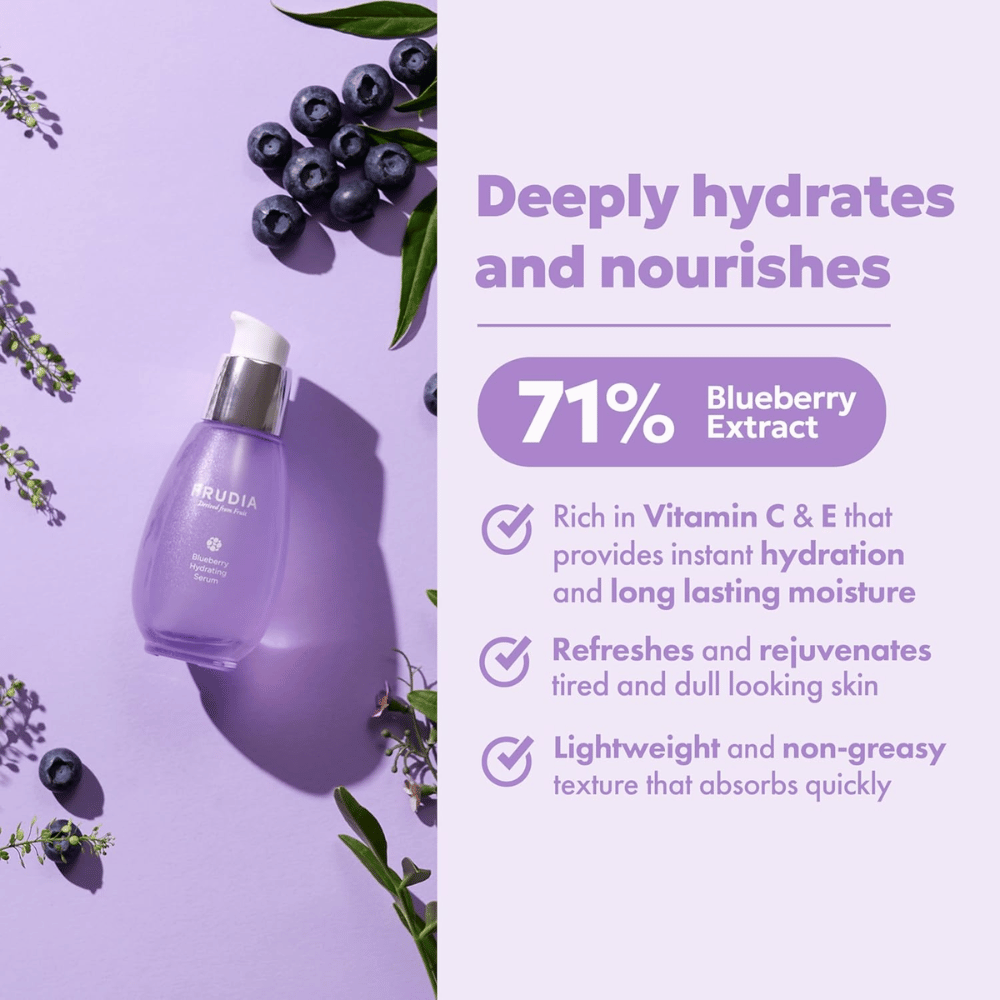 FRUDIA Blueberry Hydrating Serum met 71% bosbessenextract dat intense hydratatie, langdurige vocht, lichte textuur en frisse glans aan droge huid geeft.