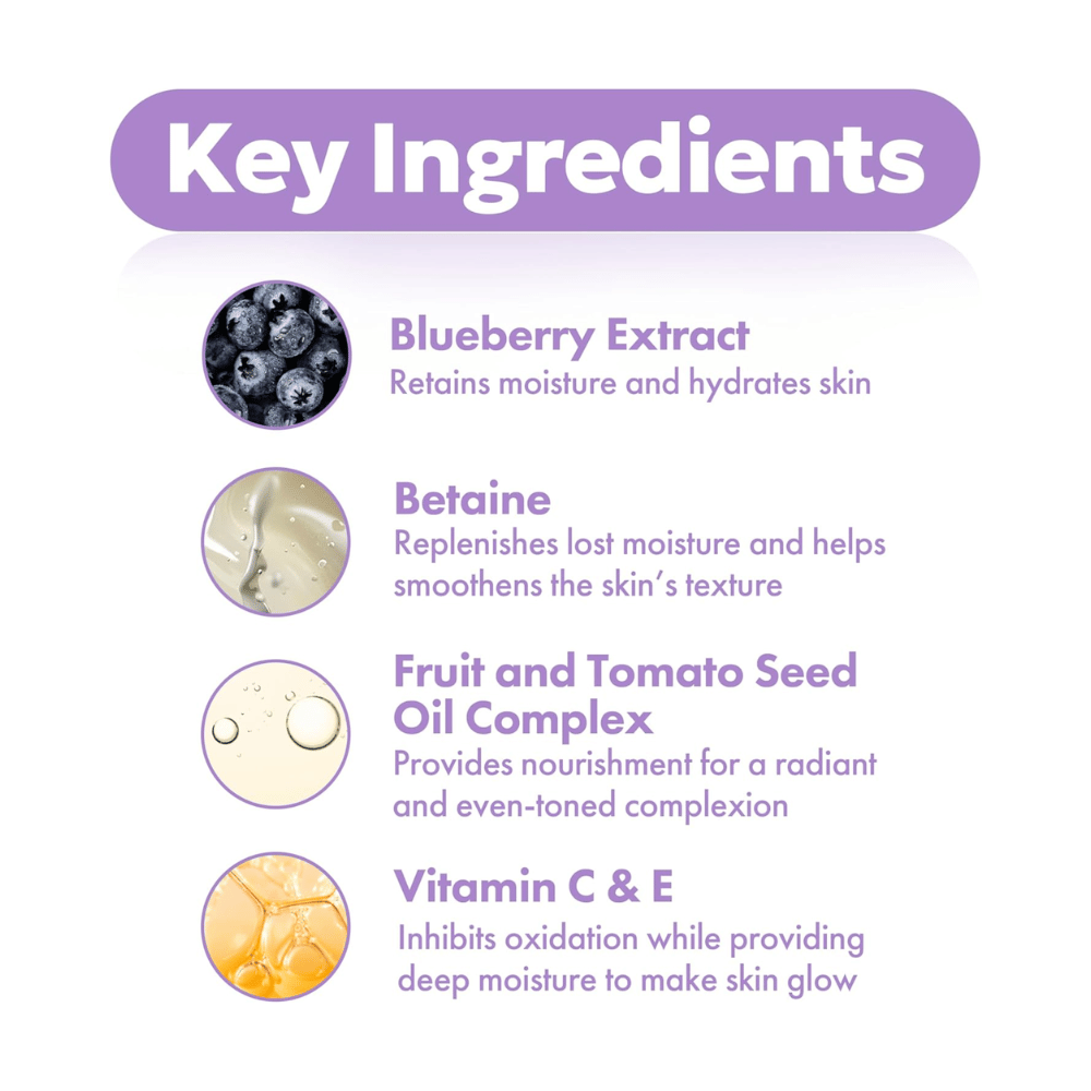 Belangrijke ingrediënten in FRUDIA Blueberry Hydrating Serum met bosbessenextract, betaine, zaadoliecomplex en vitamine C en E voor gehydrateerde en stralende huid.