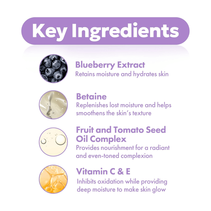 Belangrijke ingrediënten in FRUDIA Blueberry Hydrating Serum met bosbessenextract, betaine, zaadoliecomplex en vitamine C en E voor gehydrateerde en stralende huid.