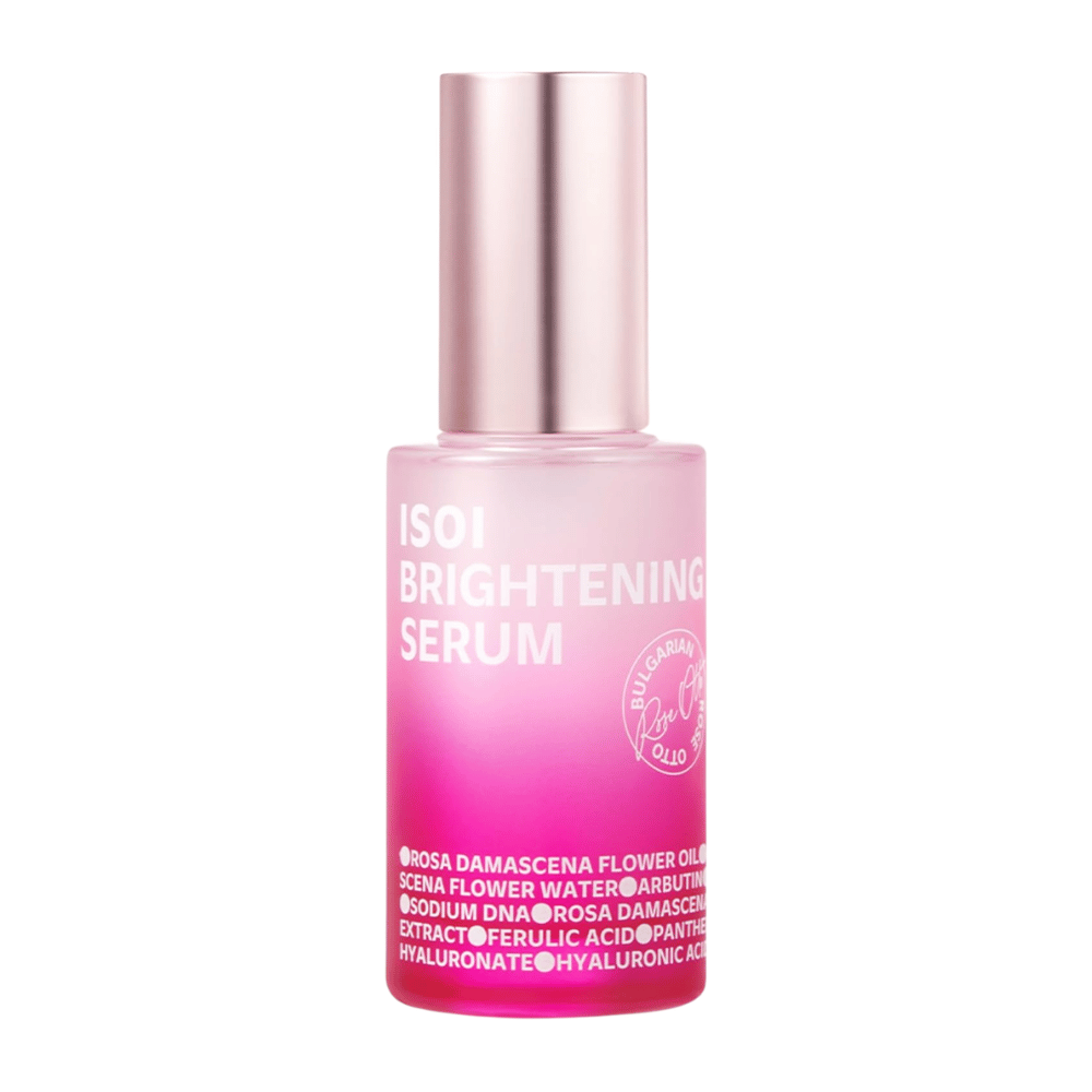 ISOI Brightening Serum 35 ml, glansgevend gezichtsserum met Rose PDRN en arbutine in een roze glazen fles met metallicroze dop tegen een witte achtergrond.