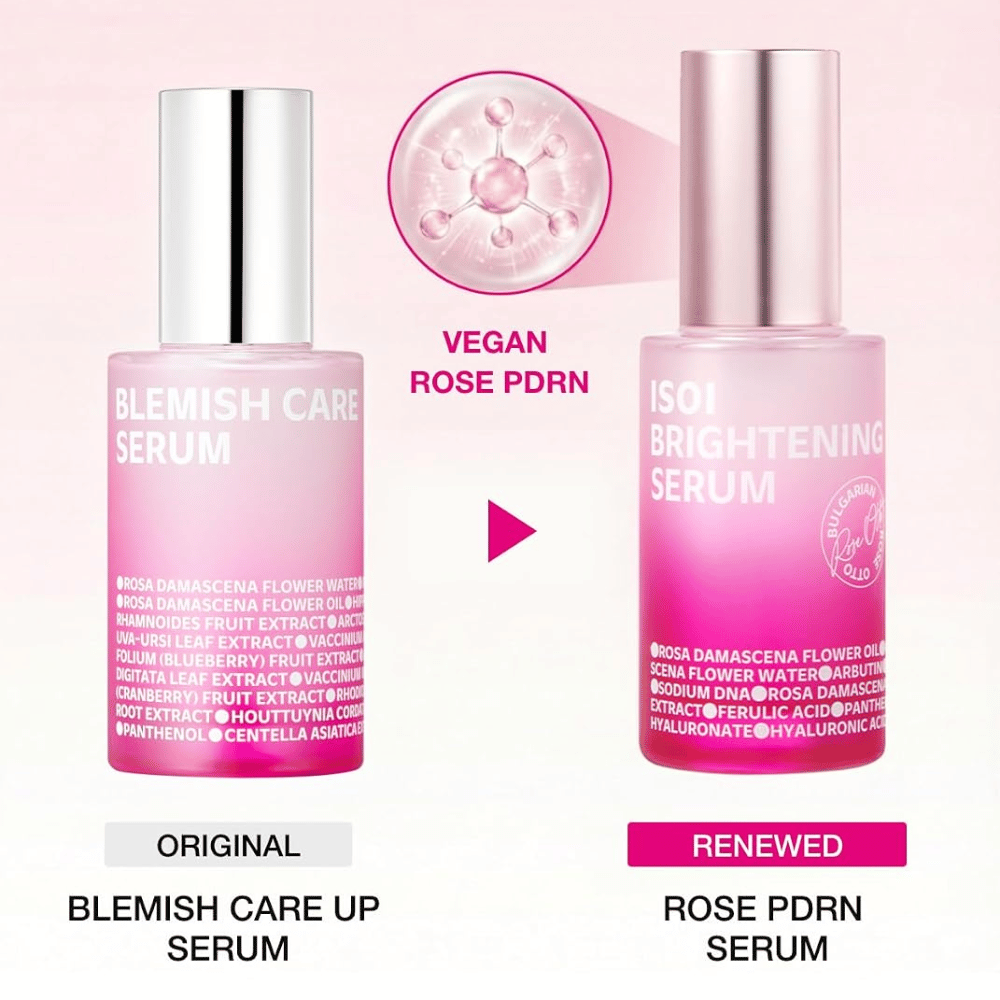 ISOI Brightening Serum met vegan Rose PDRN. Vergelijking tussen het origineel Blemish Care Up Serum en de bijgewerkte roze serumfles.