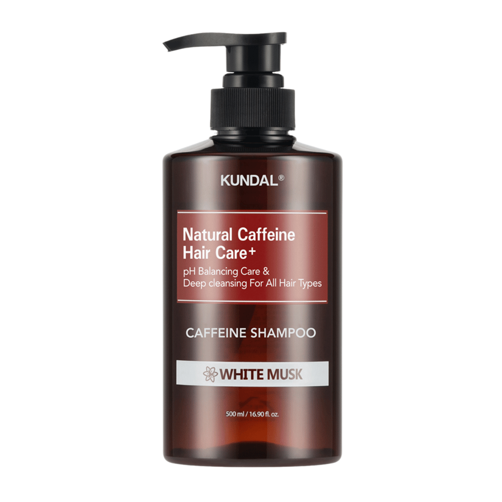 KUNDAL Natural Caffeine Hair Care+ Shampoo White Musk in bruine plastic fles met pomp, 500 ml.