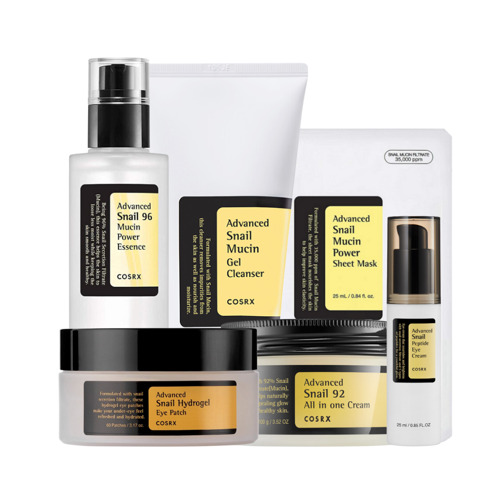 Een collectie van COSRX schoonheidsproducten met slakkenslijmthema, inclusief essence, gelreiniger, velmasker, oogpleister en crème.