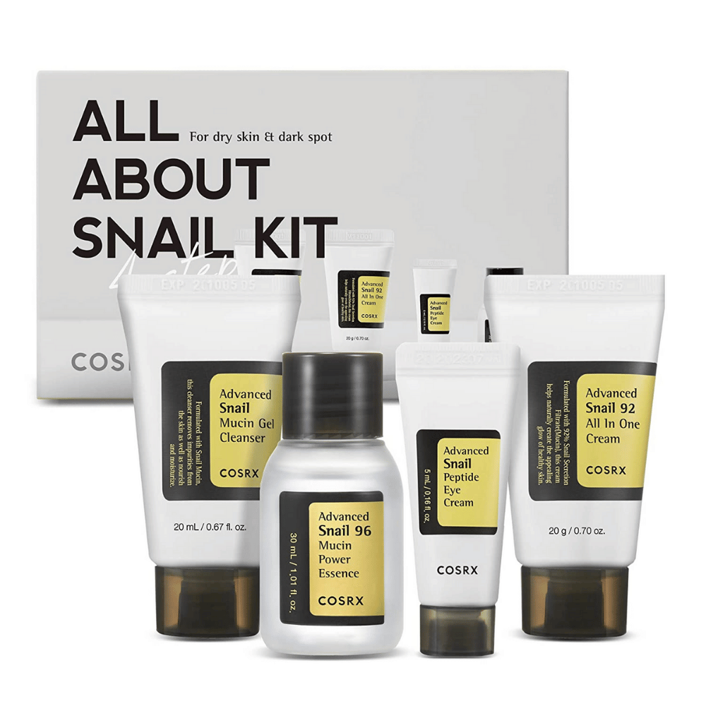 COSRX All About Snail Kit – Koreaanse huidverzorgingsbox met Snail Mucin Cleanser, Essence, Eye Cream en All In One Cream voor hydratatie en herstel.