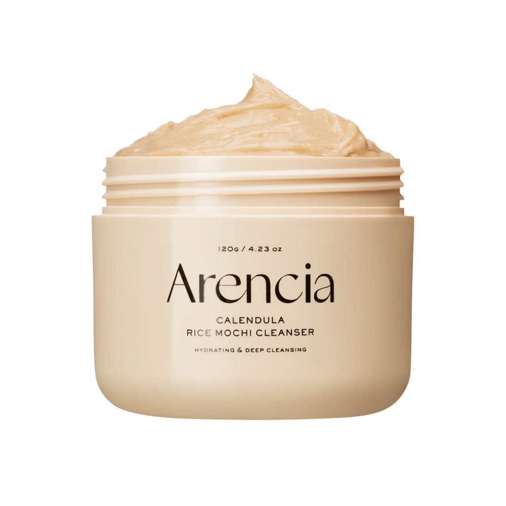 Arencia Calendula Rice Mochi Cleanser 120 g – een hydraterende en diep reinigende Koreaanse gezichtsreiniger met goudsbloem en rijst die de huid kalmeert en een natuurlijke glans geeft.