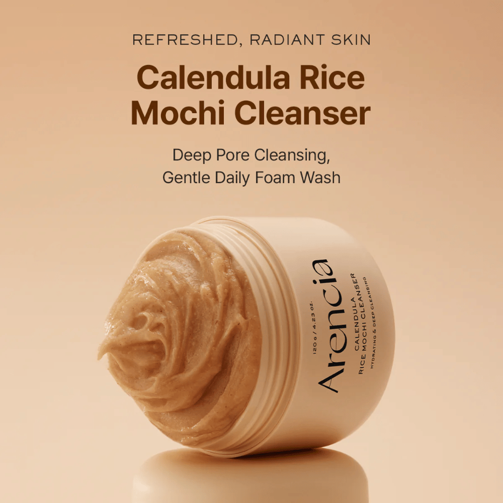 Arencia Calendula Rice Mochi Cleanser 120 g – hydraterende Koreaanse reiniger met rijst en goudsbloem die de huid zacht, helder en gebalanceerd achterlaat.