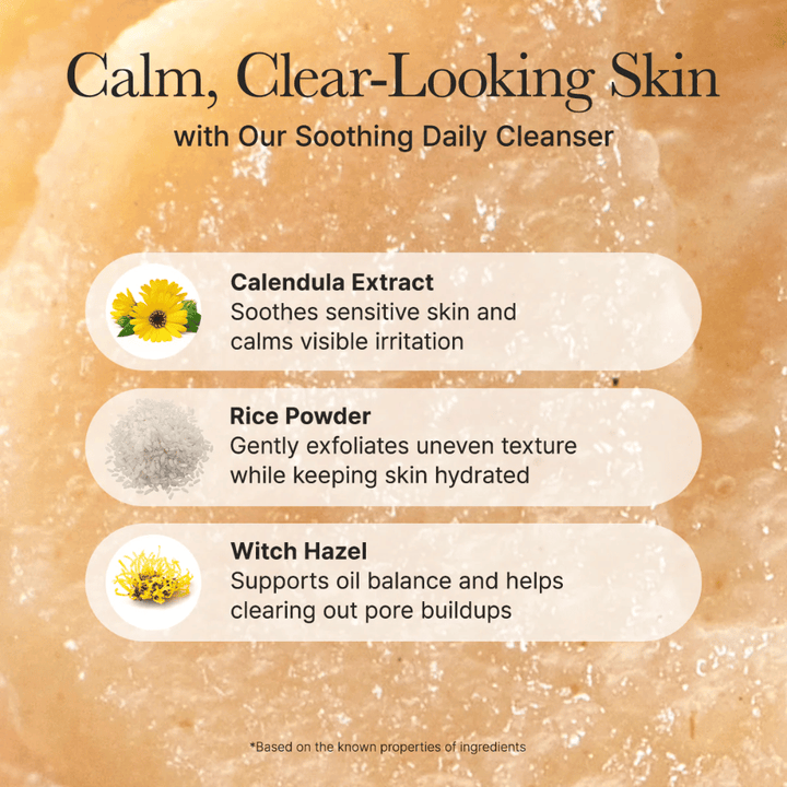 Arencia Calendula Rice Mochi Cleanser med ingredienser som ringblomma, rispulver och trollhassel – lugnar, exfolierar och balanserar huden.