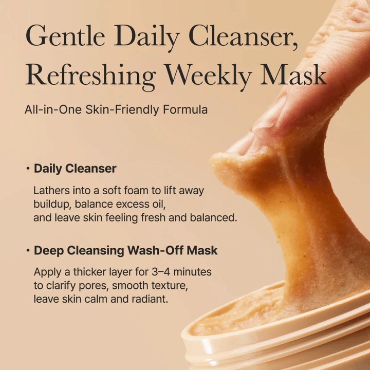 Närbild på Arencia Calendula Rice Mochi Cleanser – all-in-one formula som fungerar som daglig rengöring och djuprengörande mask.