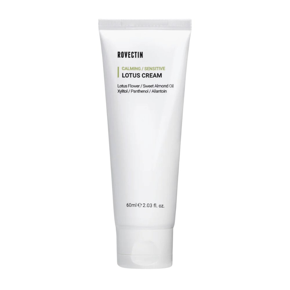 Tube met Rovectin Calming Sensitive Lotus Cream, verzachtende crème voor de gevoelige huid.