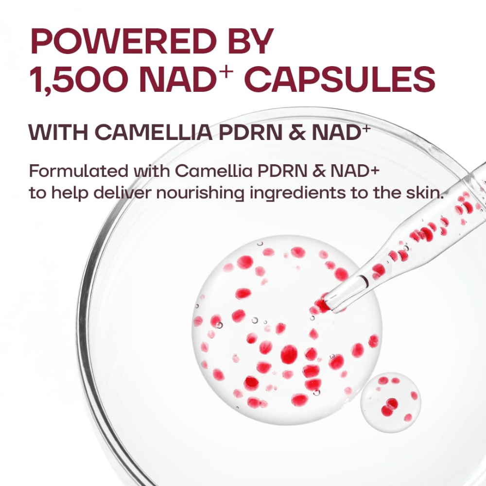 3. MISSHA Camellia PDRN NAD+ Firming Repair Serum – close-up van de transparante textuur van het serum met 1500 rode NAD+-capsules