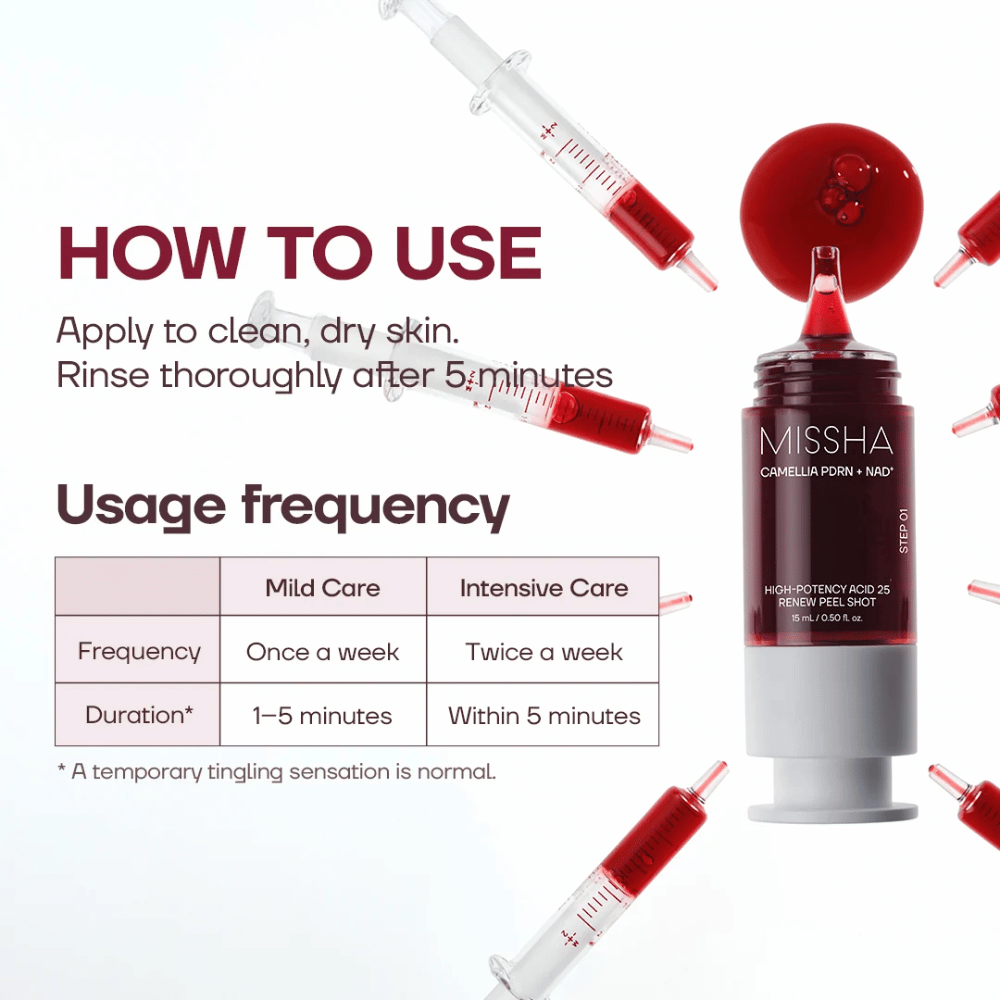 1. MISSHA Camellia PDRN NAD+ High-Potency Acid 25 Renew Peel Shot – gebruiksinstructies en aanbevolen exfoliatiefrequentie