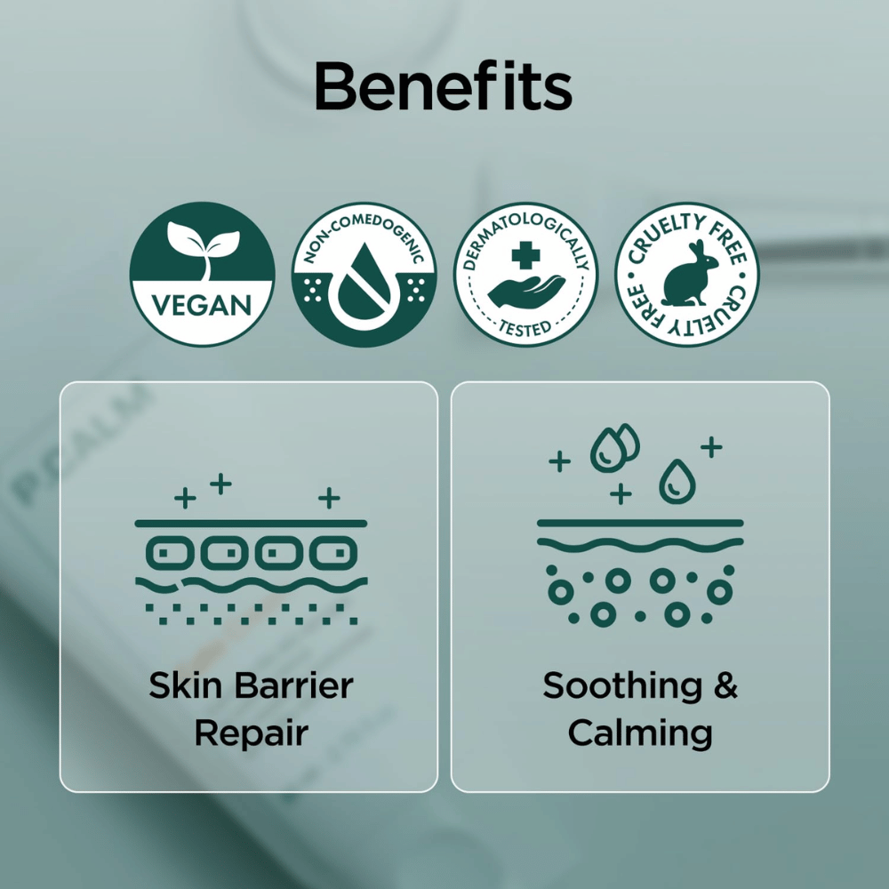 Grafische overzichtsafbeelding die de voordelen van het product benadrukt, zoals een vegan formule, non-comedogenic, dermatologisch getest en cruelty-free. De focus ligt op herstel van de huidbarrière en een kalmerend effect voor de gevoelige huid.