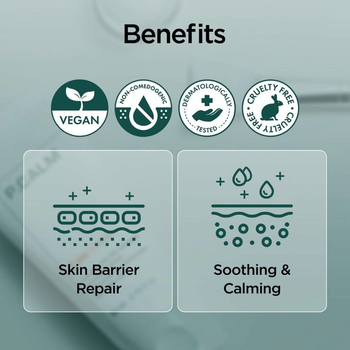 Grafische overzichtsafbeelding die de voordelen van het product benadrukt, zoals een vegan formule, non-comedogenic, dermatologisch getest en cruelty-free. De focus ligt op herstel van de huidbarrière en een kalmerend effect voor de gevoelige huid.