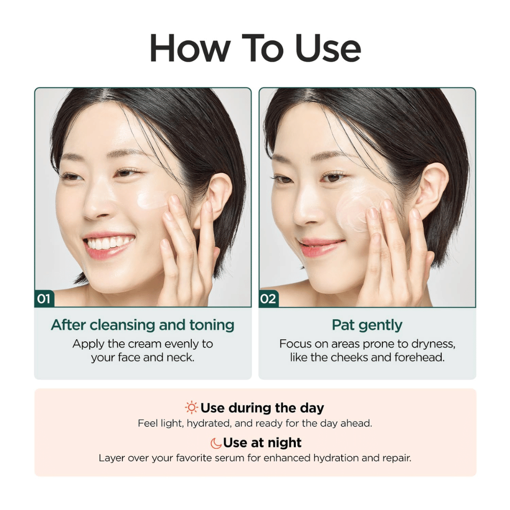Instructieafbeelding die laat zien hoe P.CALM Cato Cream na reiniging en toner wordt gebruikt. Een model brengt de crème aan op de wangen en het product wordt zowel overdag als ’s nachts aanbevolen voor hydratatie en verzorging van de huidbarrière.