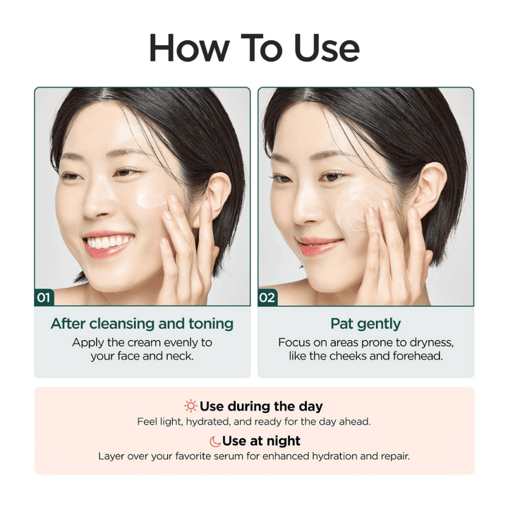 Instructieafbeelding die laat zien hoe P.CALM Cato Cream na reiniging en toner wordt gebruikt. Een model brengt de crème aan op de wangen en het product wordt zowel overdag als ’s nachts aanbevolen voor hydratatie en verzorging van de huidbarrière.