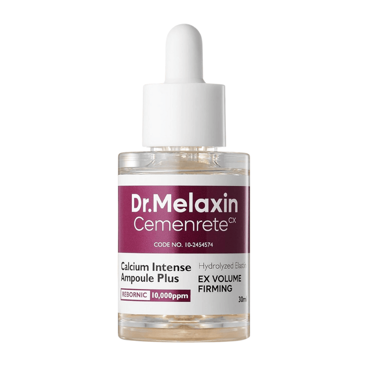 Productafbeelding van Dr. Melaxin Cemenrete Calcium Intense Ampoule Plus in glazen fles met pipet, een Koreaanse anti-aging ampul die de structuur en veerkracht van de huid versterkt.