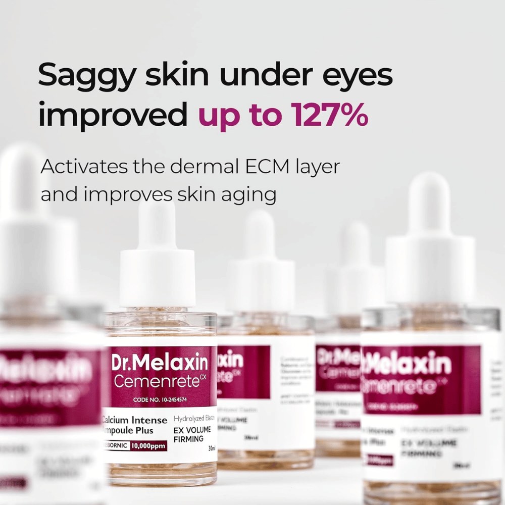 Dr. Melaxin Cemenrete Calcium Intense Ampoule Plus wordt getoond met focus op verbetering van slappe huid onder de ogen, die de ECM-laag van de huid activeert en anti-aging ondersteunt.