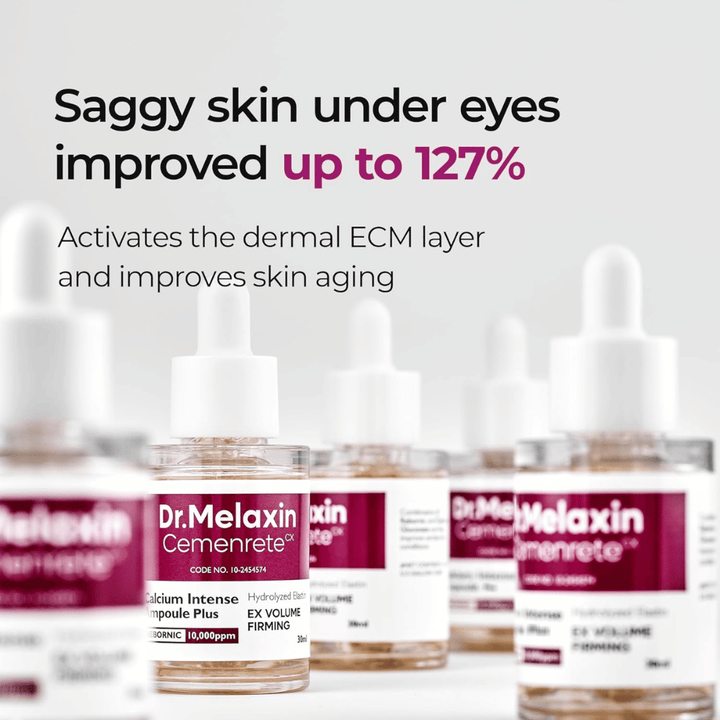 Dr. Melaxin Cemenrete Calcium Intense Ampoule Plus wordt getoond met focus op verbetering van slappe huid onder de ogen, die de ECM-laag van de huid activeert en anti-aging ondersteunt.