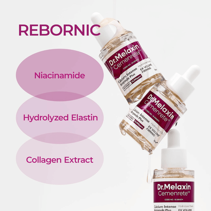 Dr. Melaxin Cemenrete Calcium Intense Ampoule Plus met niacinamide, gehydrolyseerd elastine en collageenextract, ontwikkeld voor stevigere huid en verbeterde elasticiteit.